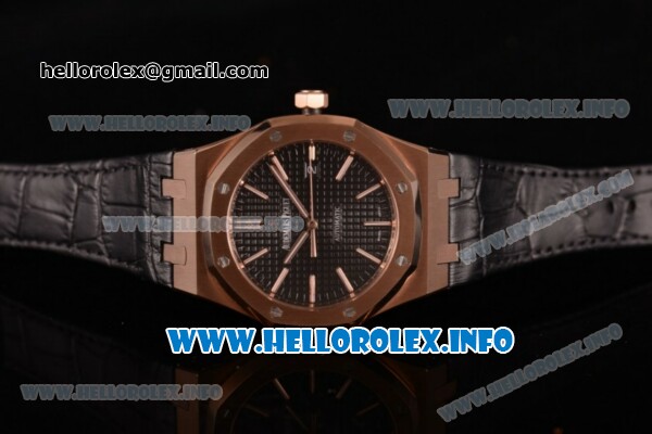 Audemars Piguet Royal Oak 41 Clone AP Calibre 3120 Automatic Rose Gold Case with Black Dial Stick Markers and Black Leather Strap (BP) - Click Image to Close